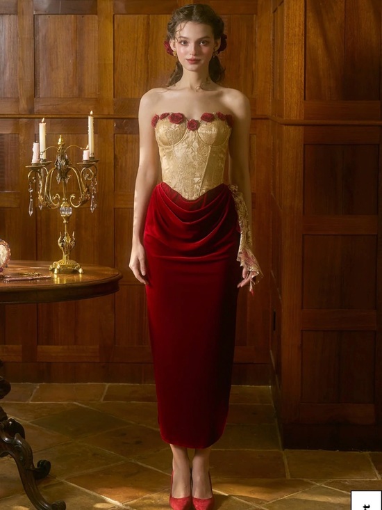 Lacemade Dresses & Skirts - Red and Gold Floral-Trim Maxi Dress